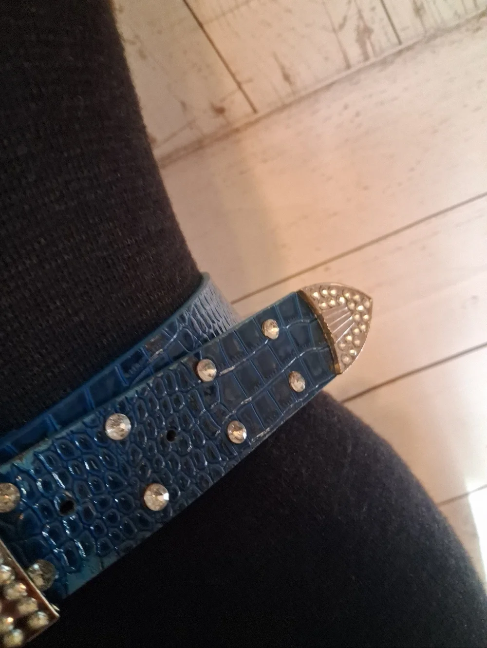 Blue Croc-Embossed Faux Leather Rhinestone Western Belt 33 To 38 Inches